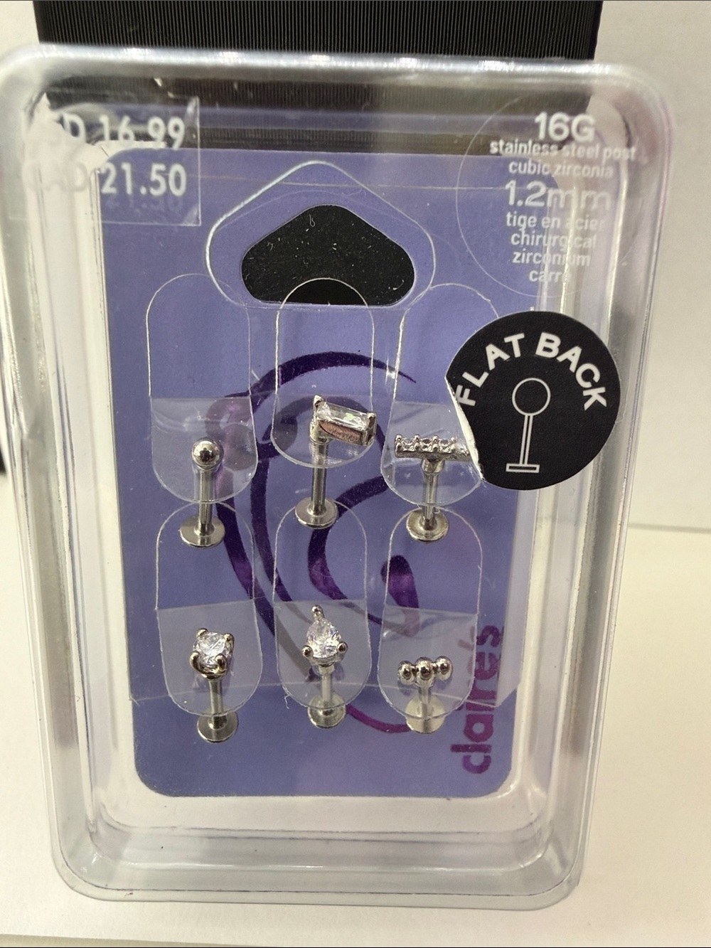 6 Claire's Stainless Steel Flat Back Cubic Zirconia post 16G